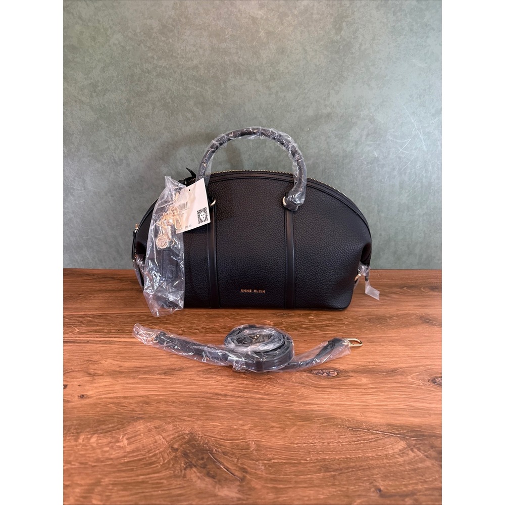 Anne Klein Satchel Black Pebbled Faux Leather Dome Bag AKH6420 Gold Hardware NWT